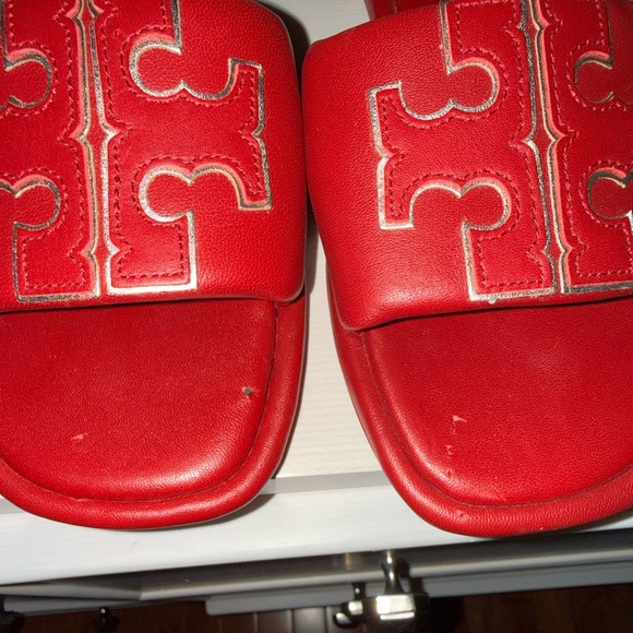 Tory Burch Red Gold Double T Logo Slide Sandals Size 6.5 - Picture 7 of 16